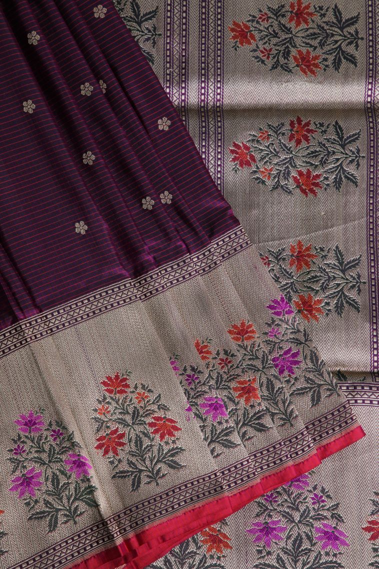 Magenta Purple Banaras Silk Saree with Silver Zari Floral Patterns view 1