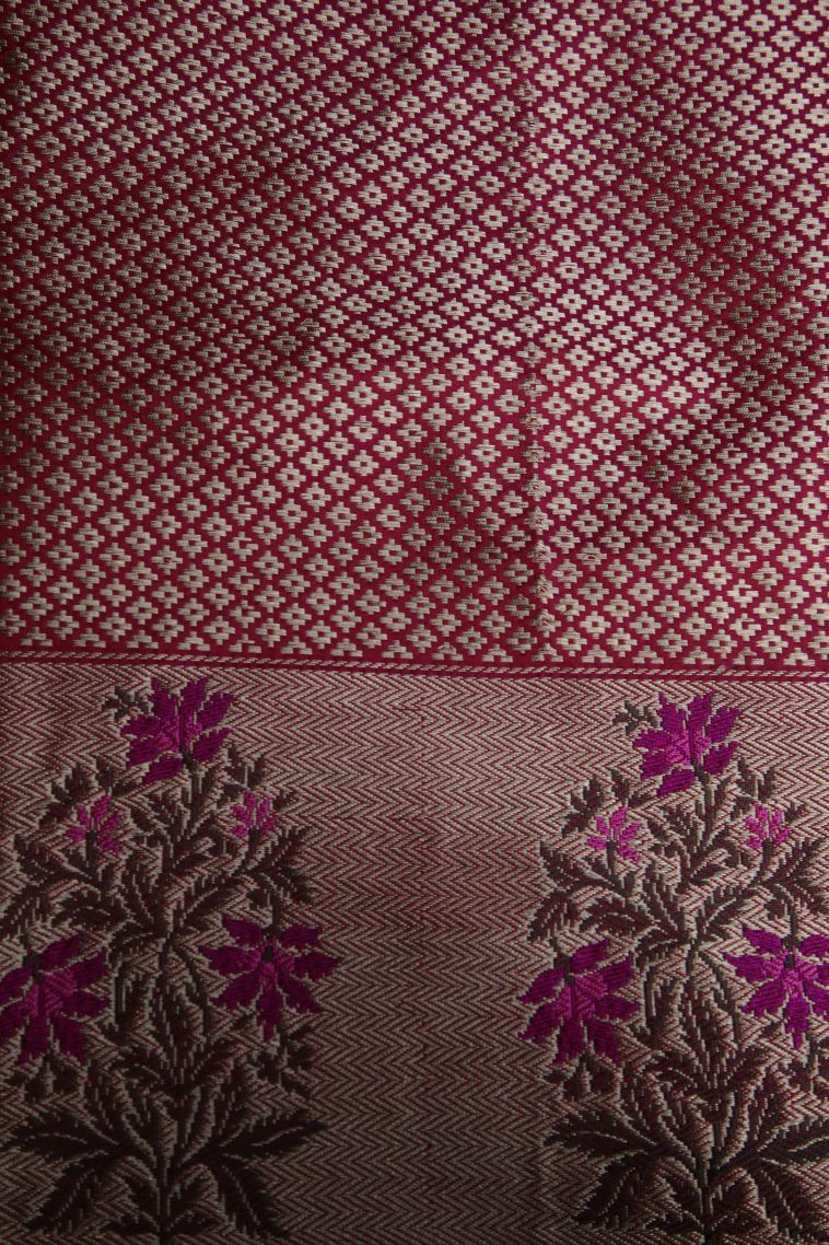 Magenta Purple Banaras Silk Saree with Silver Zari Floral Patterns view 3