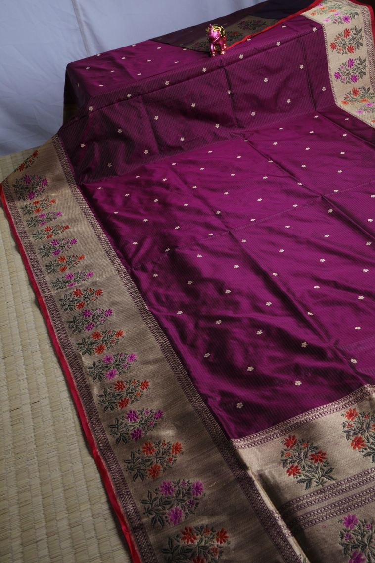 Magenta Purple Banaras Silk Saree with Silver Zari Floral Patterns view 2