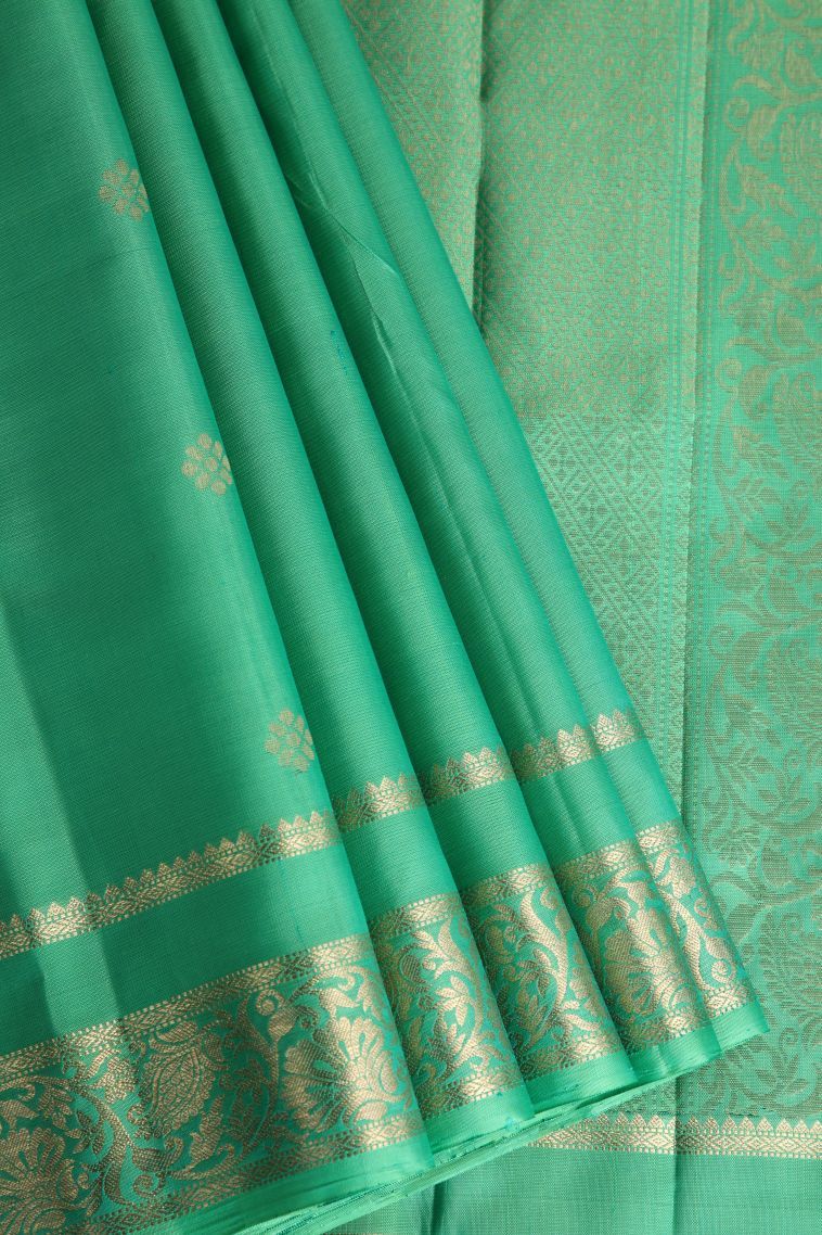 Seafoam Green Soft Silk Saree with Gold Zari Floral Puttas view 1