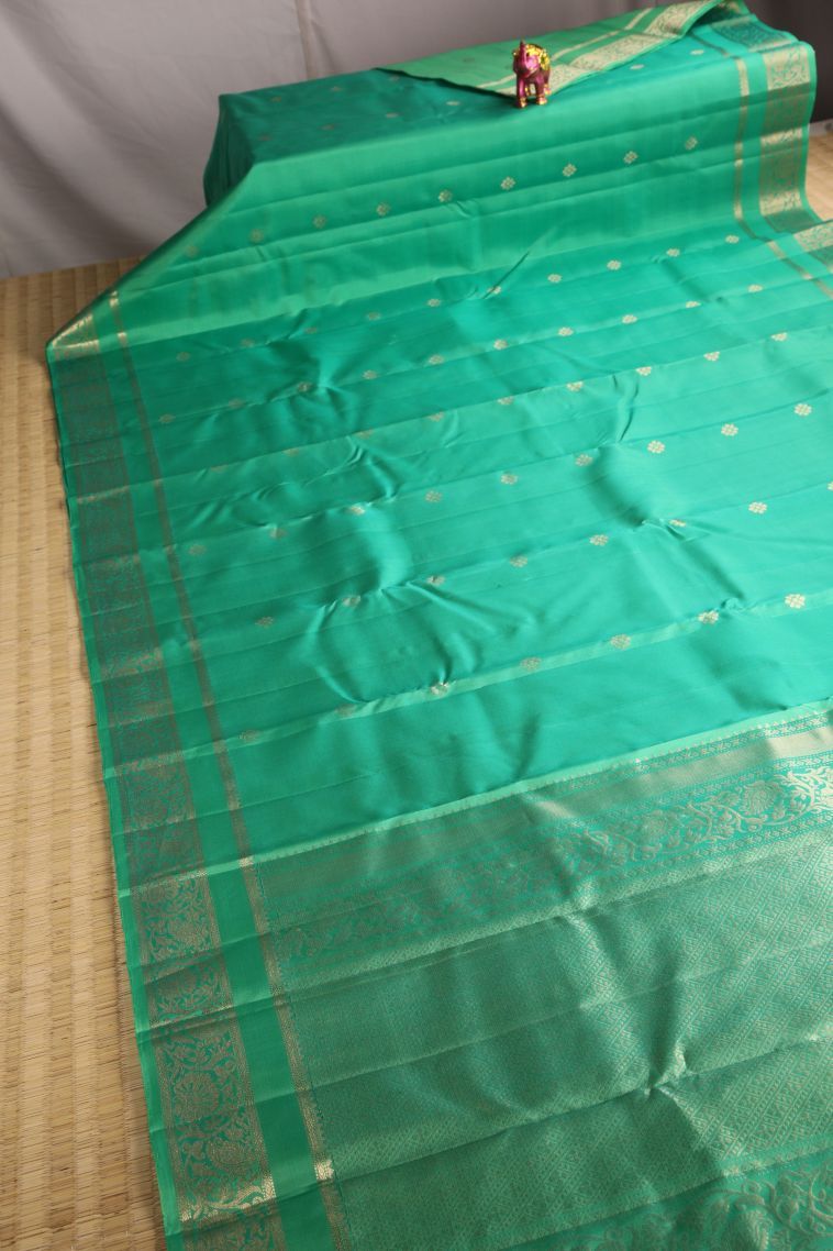 Seafoam Green Soft Silk Saree with Gold Zari Floral Puttas view 2