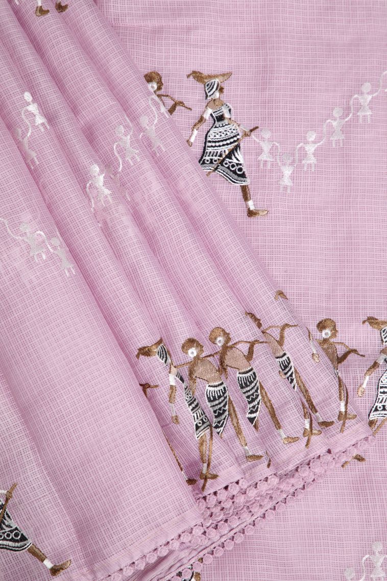 Lean Pink Organza Saree with Without Zari Zari Tribal Or Folk Art view 1