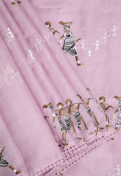 Lean Pink Organza Saree with Without Zari Zari Tribal Or Folk Art