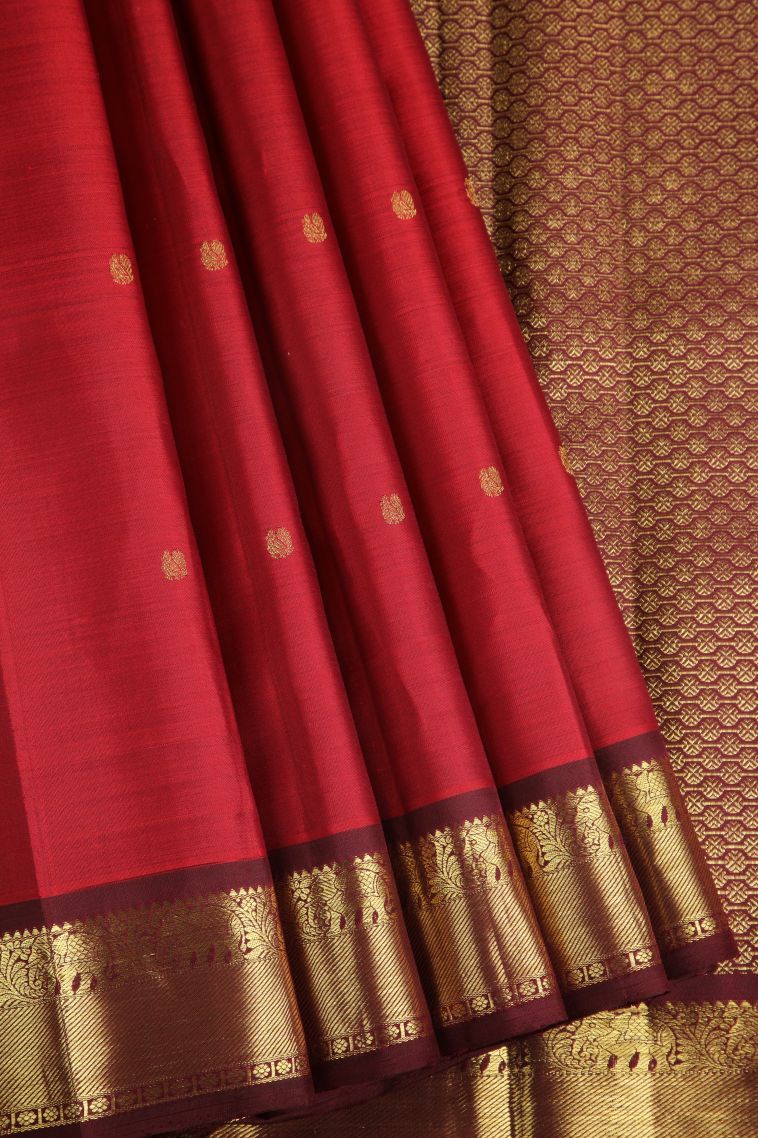 Crimson Red Kanchipuram Silk Sarees with Gold Zari Buttis (small Dots Or Motifs) view 1