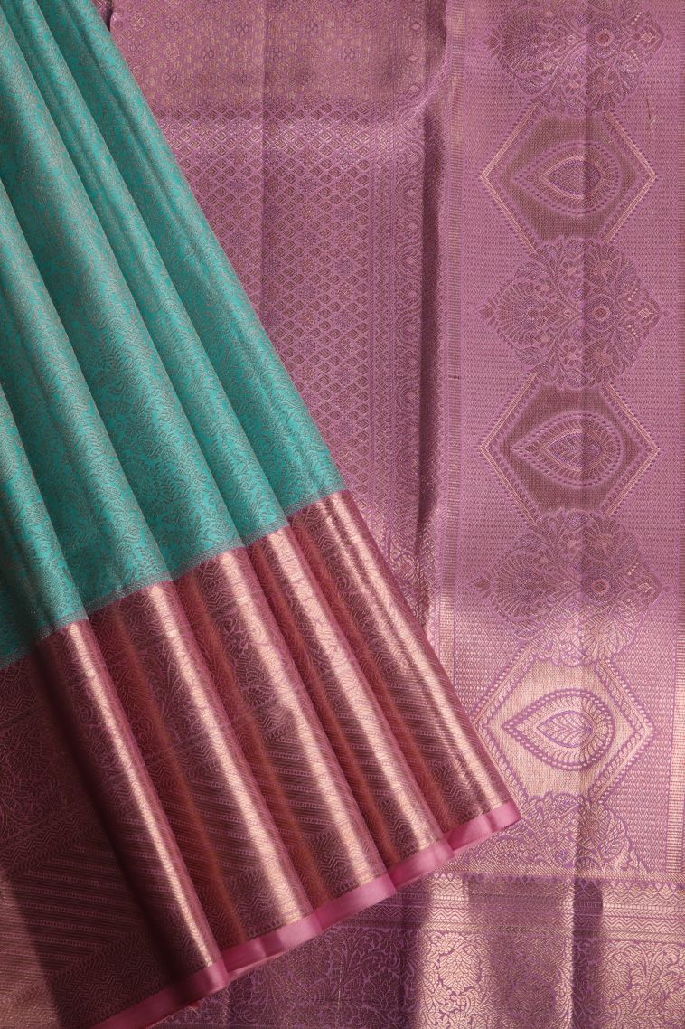 Arctic Blue Kanchipuram Silk Sarees with Gold Zari Floral Patterns view 1