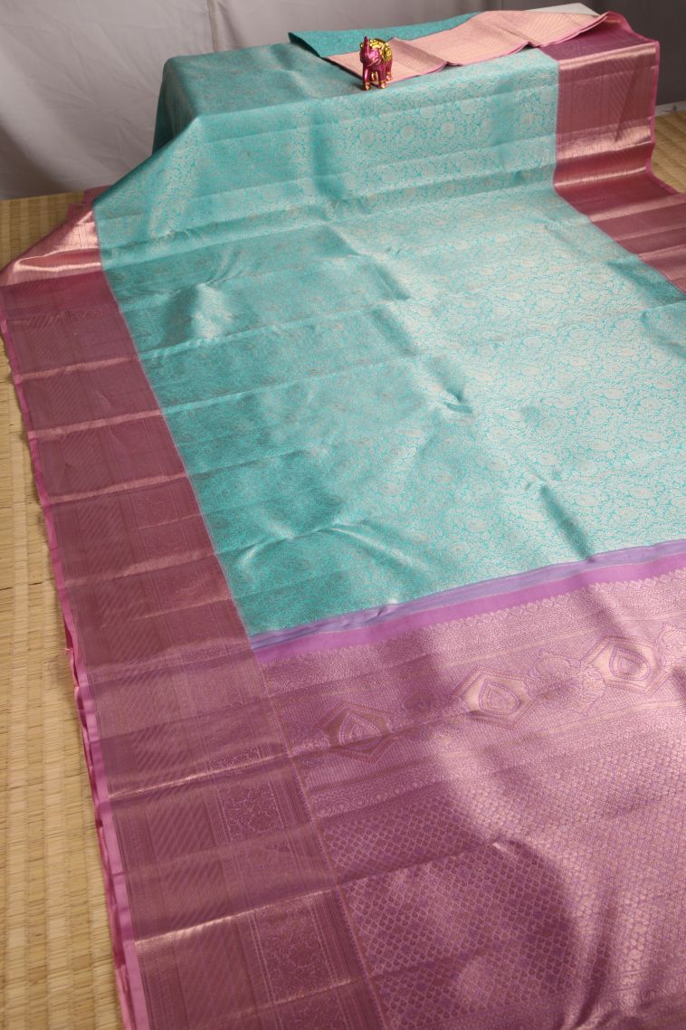 Arctic Blue Kanchipuram Silk Sarees with Gold Zari Floral Patterns view 2