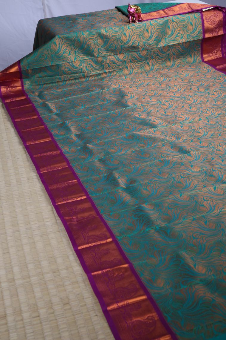 Teal Blue Visiri Madippu Silk Sarees with Copper Zari Floral Patterns view 2
