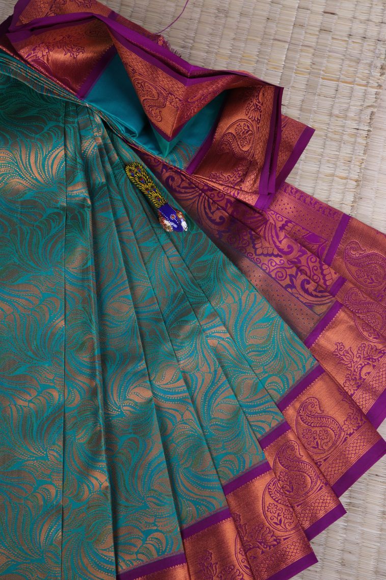 Teal Blue Visiri Madippu Silk Sarees with Copper Zari Floral Patterns view 1
