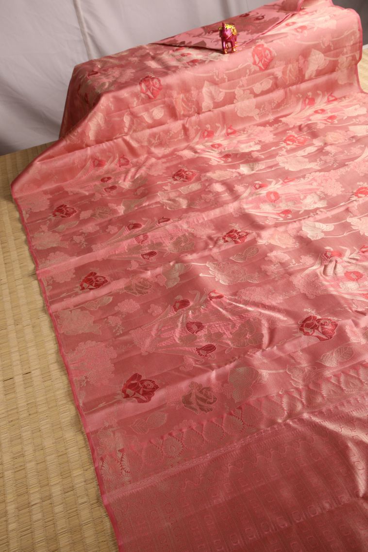 Rouge Pink Silk Sarees with Gold Zari Floral Patterns view 2