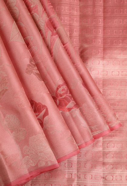 Rouge Pink Silk Sarees with Gold Zari Floral Patterns