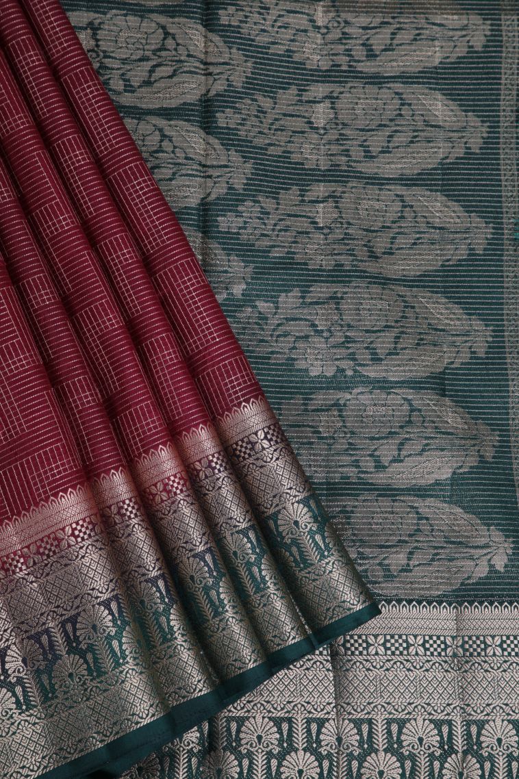 Crimson Red Raw Silk Sarees with Gold Zari Geometric Shapes view 1