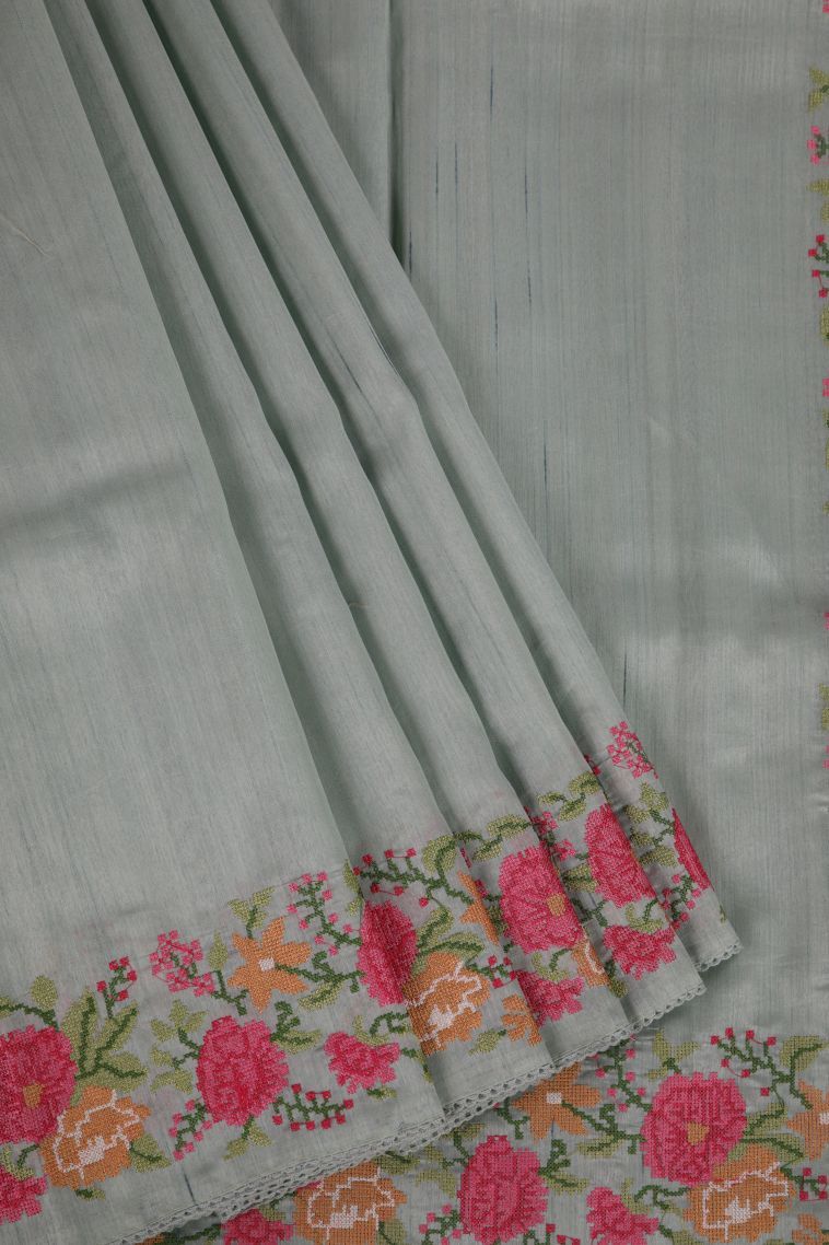 Gray Black Tussar Saree with Without Zari Zari Stripes view 1