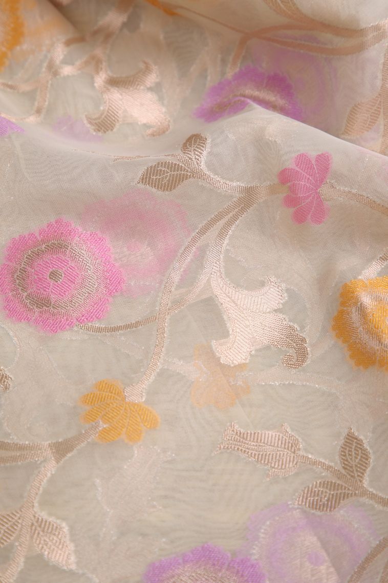 Coconut White Organza Saree with Copper Zari Floral Patterns view 4