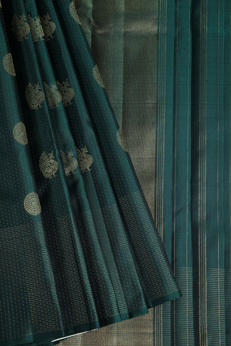 Bottle Green Kanchipuram Silk Sarees with Gold Zari Vaira Oosi view 1