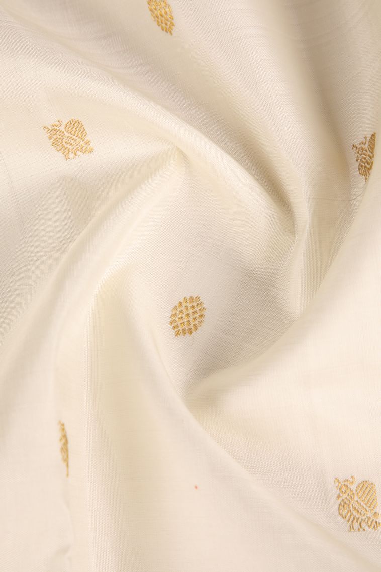Alabaster White Kanchipuram Silk Sarees with Gold Zari Peacock Motifs view 4