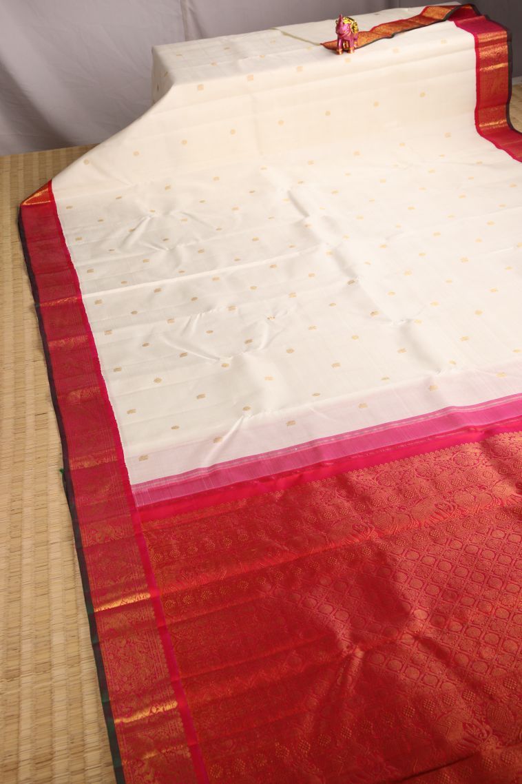 Alabaster White Kanchipuram Silk Sarees with Gold Zari Peacock Motifs view 2