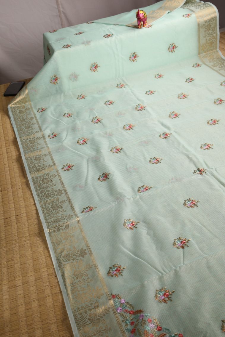 Mint Green Organza Saree with Gold Zari Floral Patterns view 2