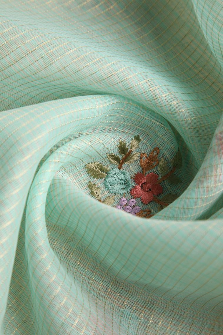 Mint Green Organza Saree with Gold Zari Floral Patterns view 4