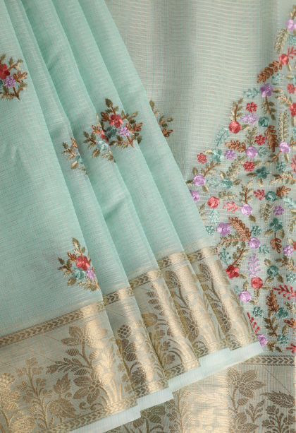 Mint Green Organza Saree with Gold Zari Floral Patterns