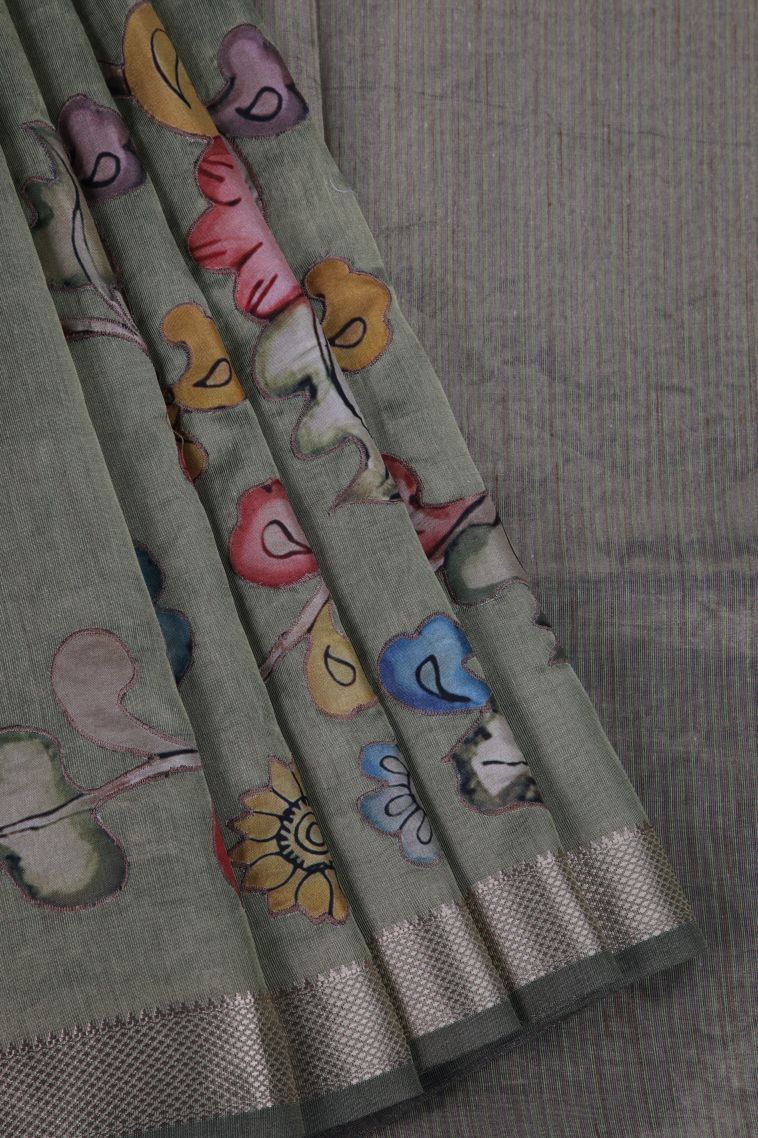 Sage Green Fancy Saree with Silver Zari Floral Patterns view 1