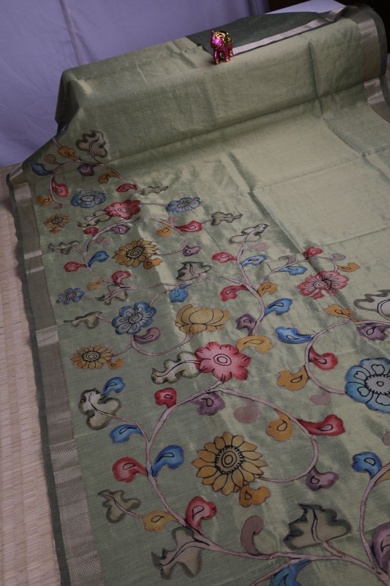 Sage Green Fancy Saree with Silver Zari Floral Patterns view 2