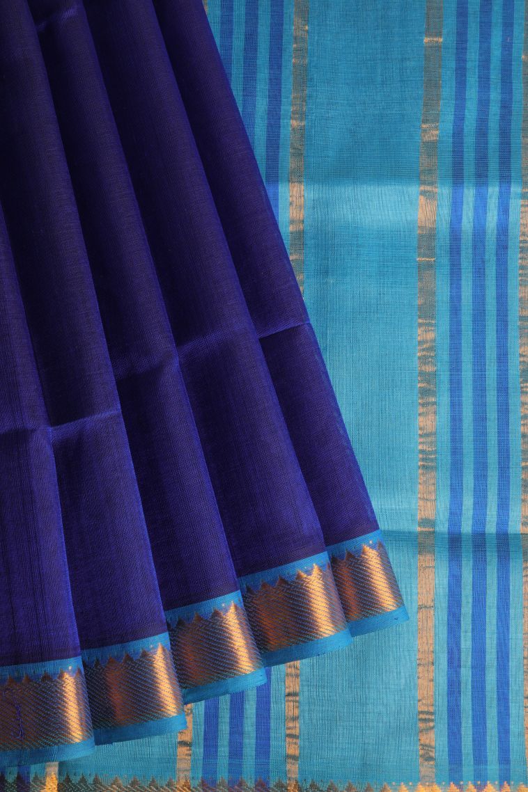 Navy Blue Silk Cotton with Gold Zari Plain view 1