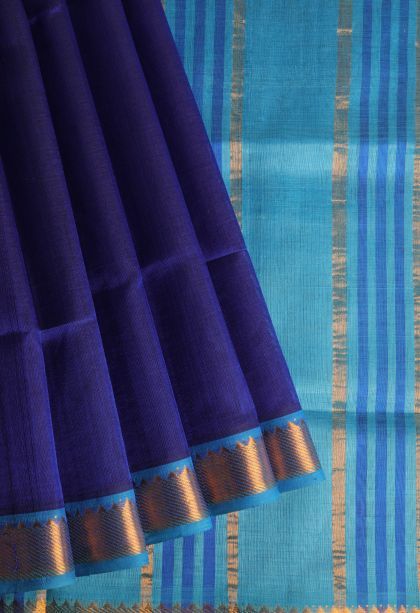 Navy Blue Silk Cotton with Gold Zari Plain