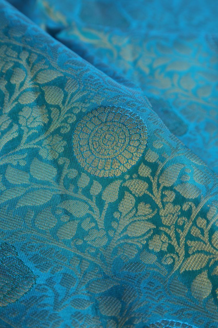 Cerulean Blue Kanchipuram Silk Sarees with Gold Zari Floral Patterns view 4