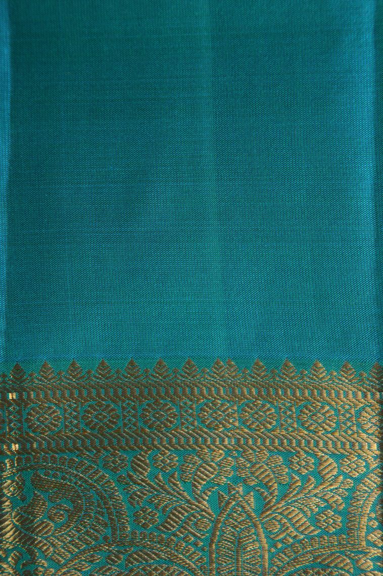 Cerulean Blue Kanchipuram Silk Sarees with Gold Zari Floral Patterns view 3