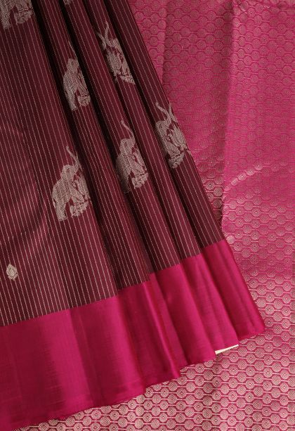 Mahome Red Kanchipuram Silk Sarees with Gold Zari Eliphant Mottif