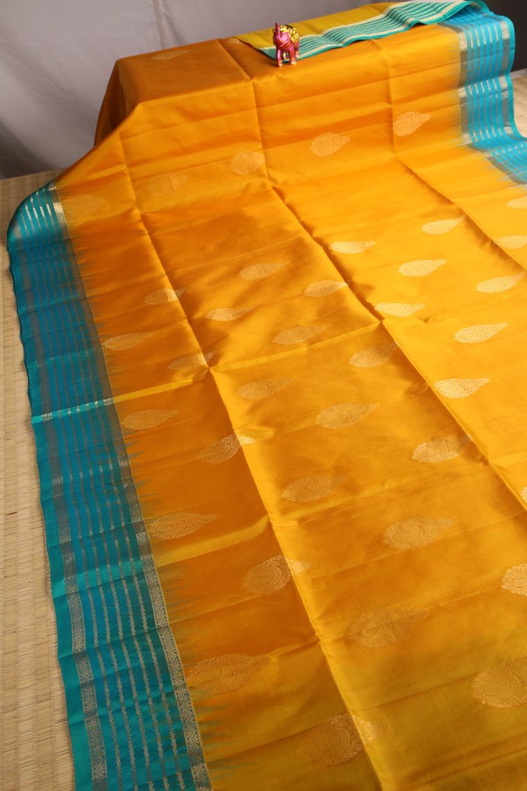 Honey Orange Soft Silk Saree with Gold Zari Manga view 2
