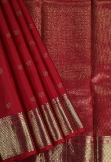 Candy Red Kanchipuram Silk Sarees with Gold Zari Peacock Motifs