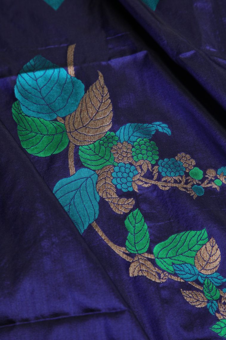Navy Blue Banaras Silk Saree with Gold And Silver Zari Floral Patterns view 4