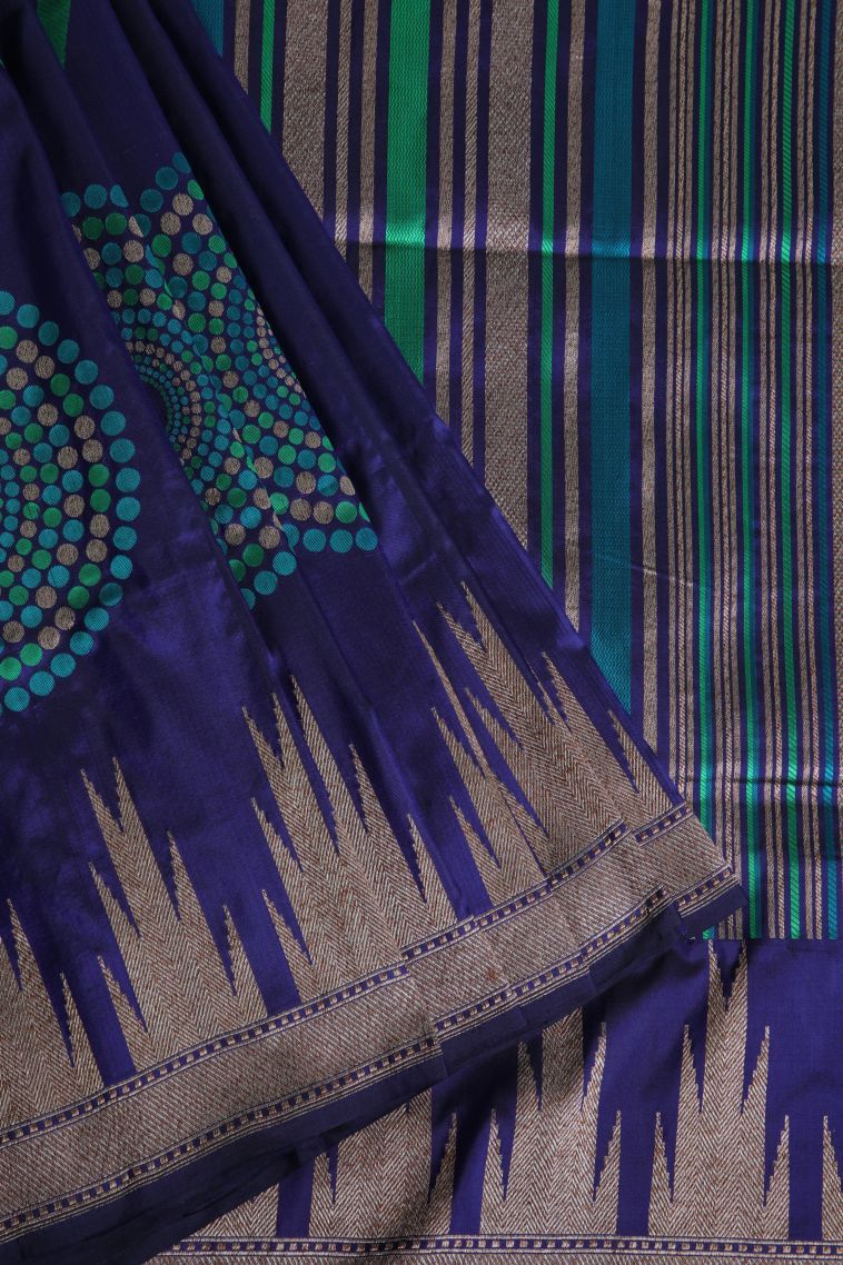 Navy Blue Banaras Silk Saree with Gold And Silver Zari Floral Patterns view 1