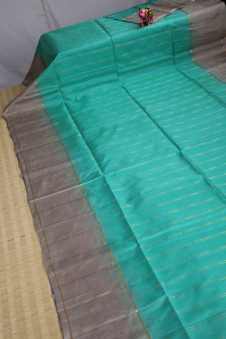 Mint Green Soft Silk Saree with Gold Zari Stripes view 2