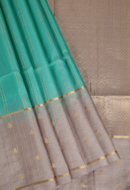 Mint Green Soft Silk Saree with Gold Zari Stripes
