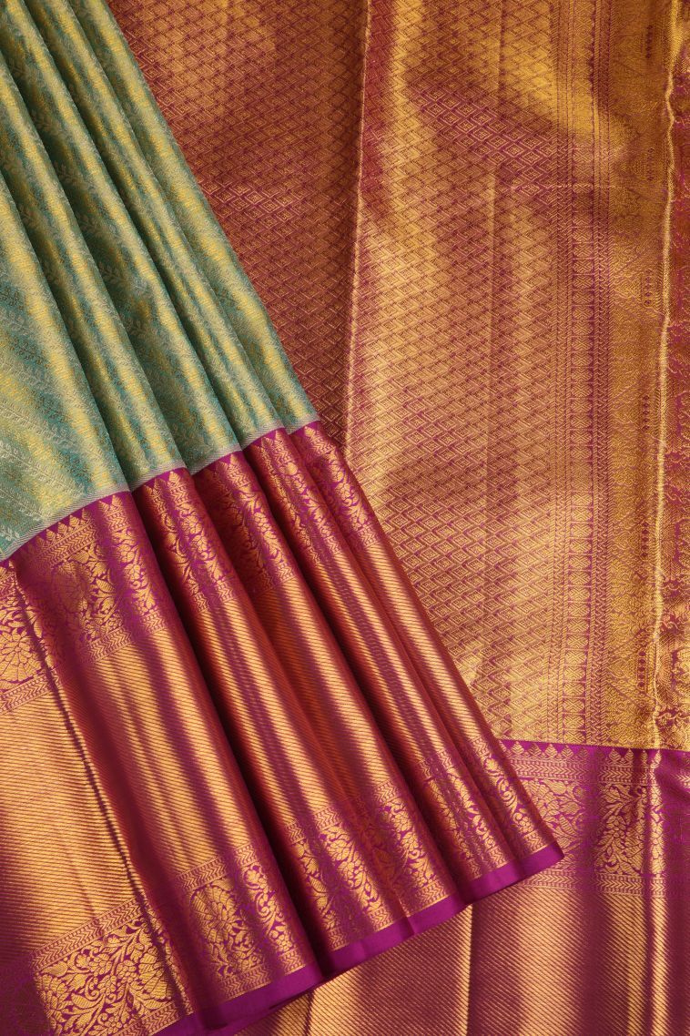 Pistachio Green Kanchipuram Silk Sarees with Gold Zari Geometric Shapes view 1