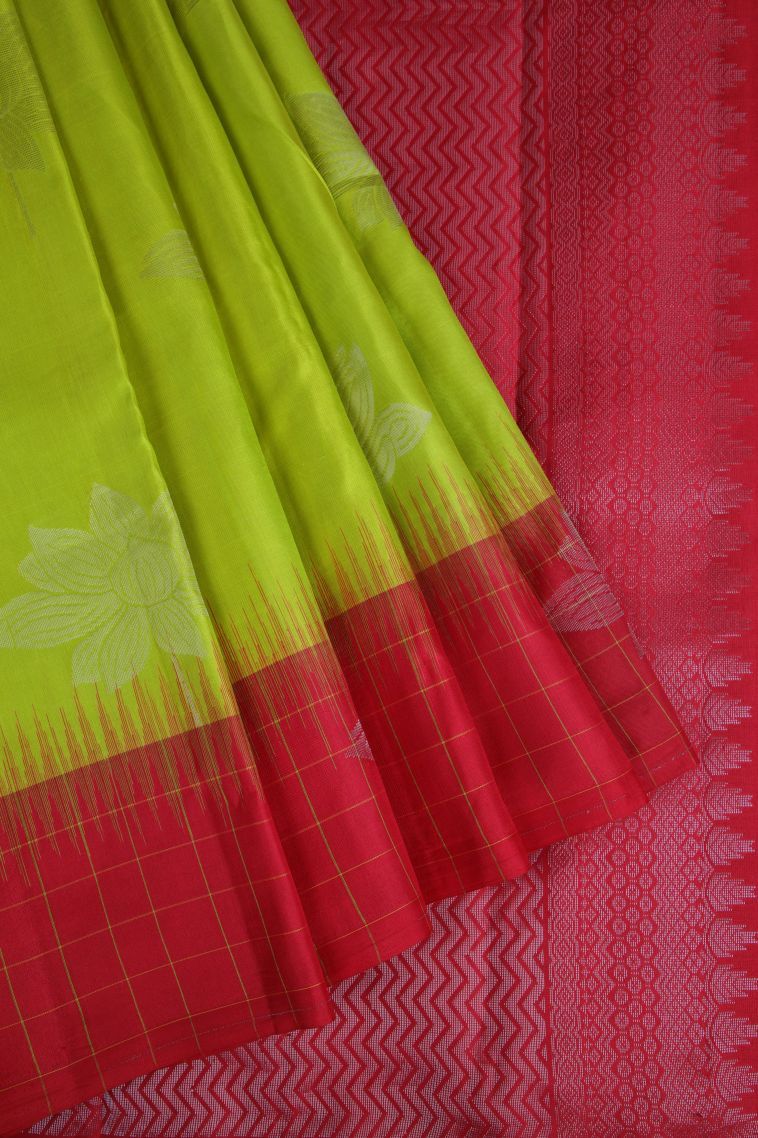 Pear Green Soft Silk Saree with Silver Zari Floral Patterns view 1