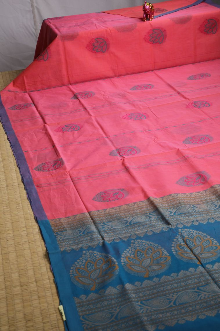 Rouge Pink Pure Handloom Kovai Cotton with Gold Zari Floral Patterns view 2