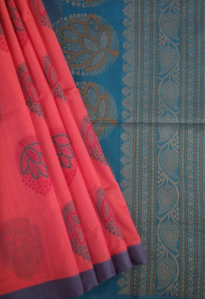 Rouge Pink Pure Handloom Kovai Cotton with Gold Zari Floral Patterns