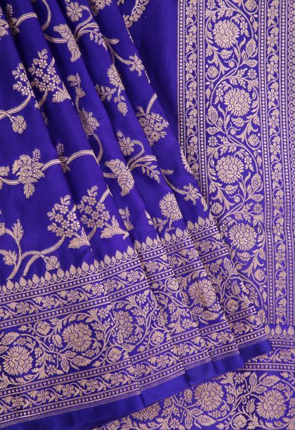 Lapis Blue Banaras Sarees with Gold Zari Floral Patterns