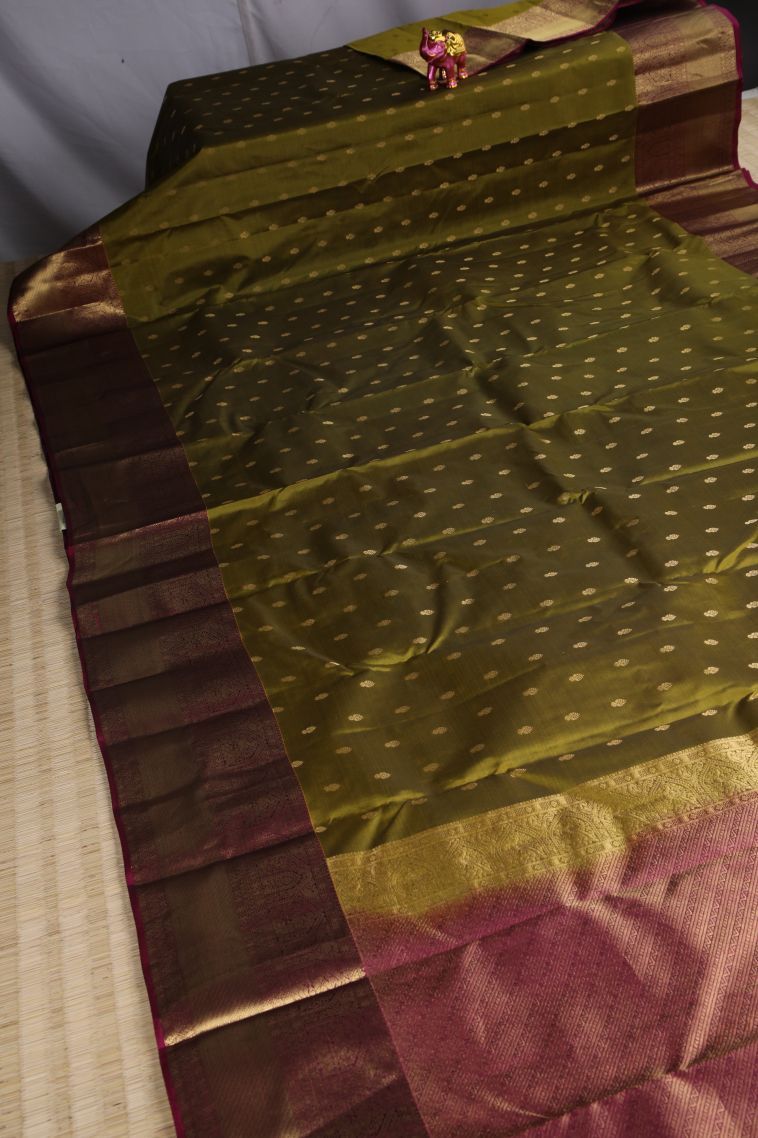 Juniper Green Soft Silk Saree with Gold Zari Buttis (small Dots Or Motifs) view 2