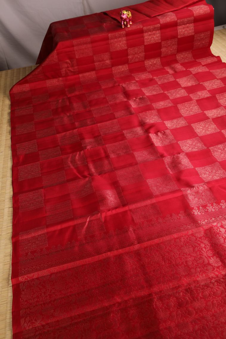 Cherry  Red Soft Silk Saree with Gold Zari Geometric Shapes view 2