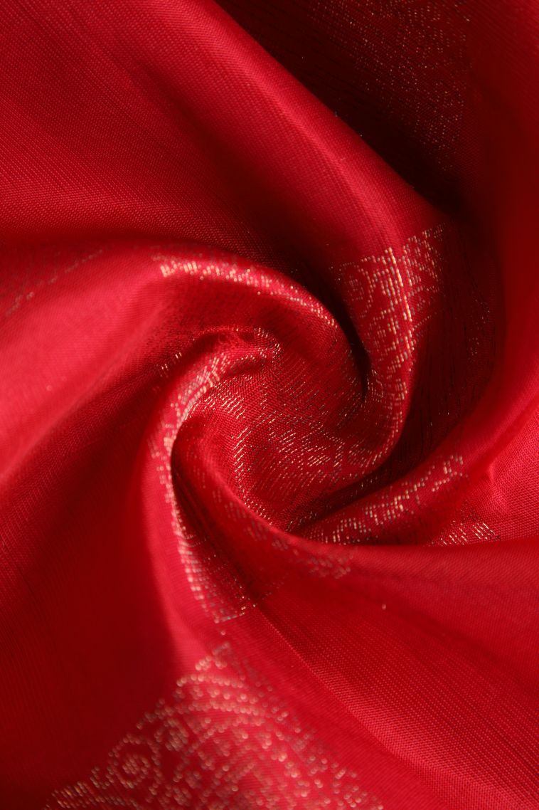 Cherry  Red Soft Silk Saree with Gold Zari Geometric Shapes view 4