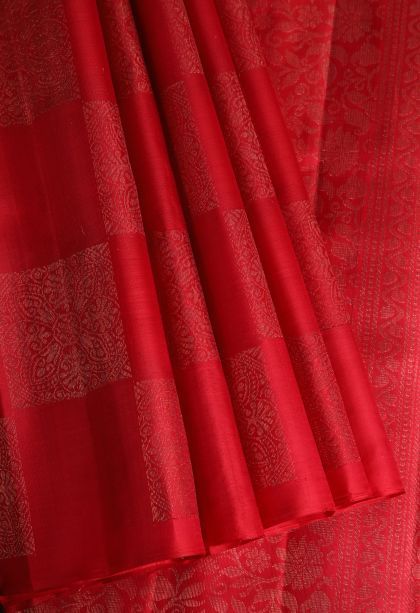 Cherry  Red Soft Silk Saree with Gold Zari Geometric Shapes
