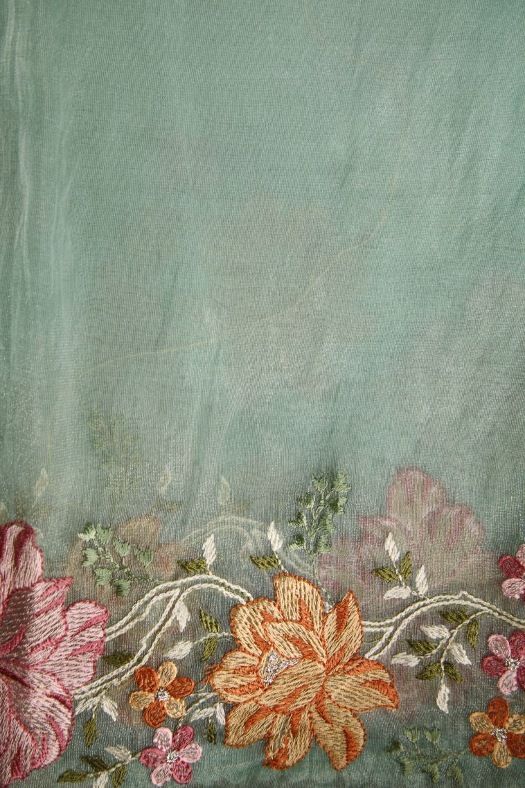 Pistachio Green Organza Saree with Multy Coiour Zari Plain view 3