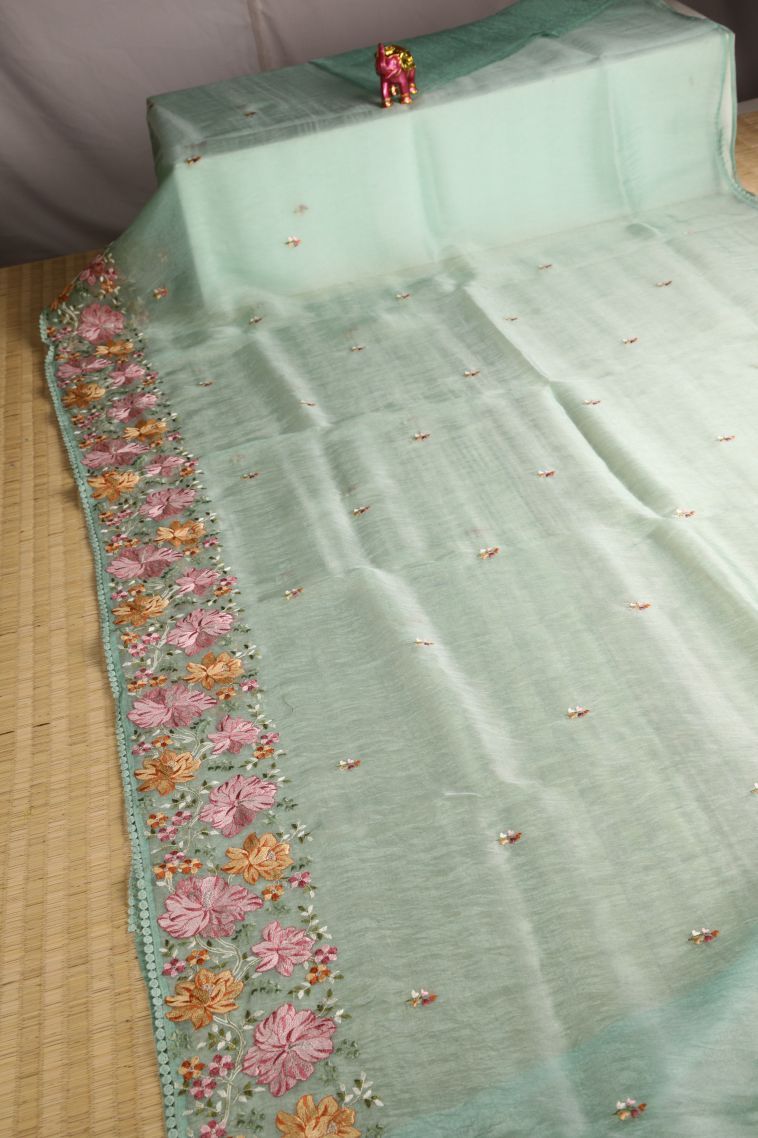 Pistachio Green Organza Saree with Multy Coiour Zari Plain view 2