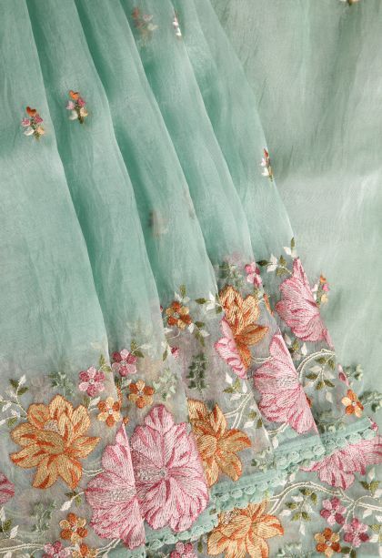 Pistachio Green Organza Saree with Multy Coiour Zari Plain
