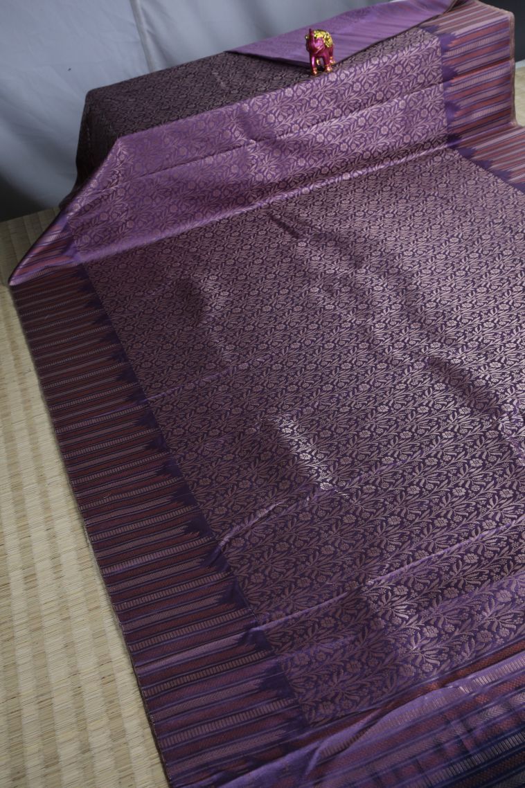 Periwinkle Purple Apoorva Silk Sarees with Copper Zari Floral Patterns view 2