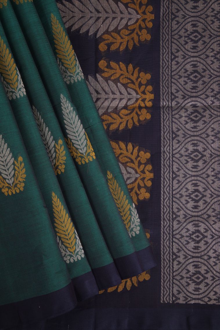 Pine Green Pure Handloom Kovai Cotton with Without Zari Zari Floral Patterns view 1